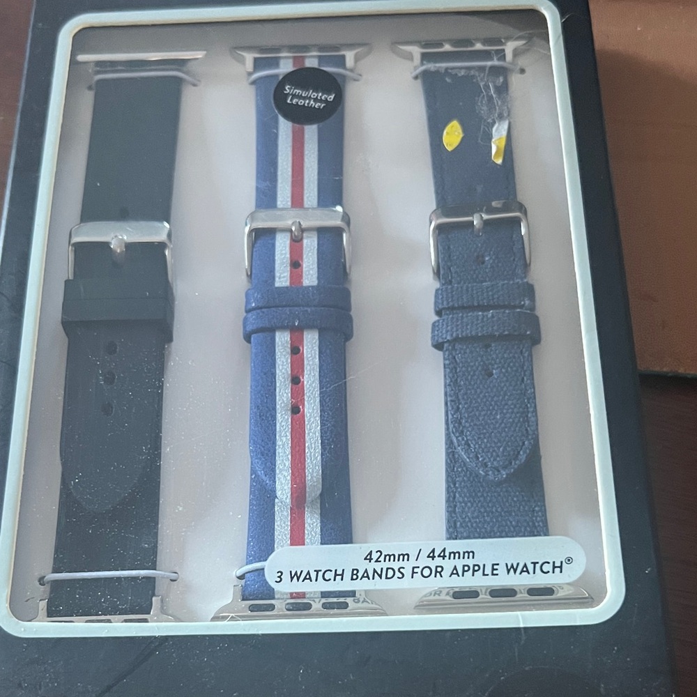 Set of 3 Apple Watch Bands — Black, Navy with Red/White Stripe, Textured Navy